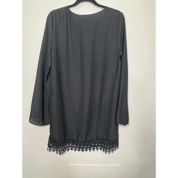 Favolook Long Sleeve Mini Dress‎ Lace Fringe Hem Black Size XL Goth Dark Whimsy - Picture 5 of 10